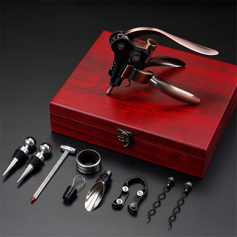 

Custom Air Corkscrew Pump Wood Fish Gold Red Wine Bottle Opener Set Gift Box Blister Packaging With Custom Logo