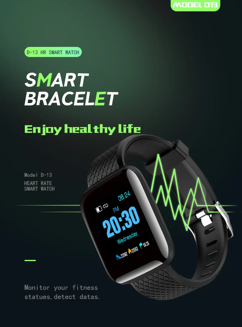 newly Smart Bracelet D13 Fitness Tracker Heart Rate Blood Pressure Monitor IP67 Waterproof Smart Band For Android IOS