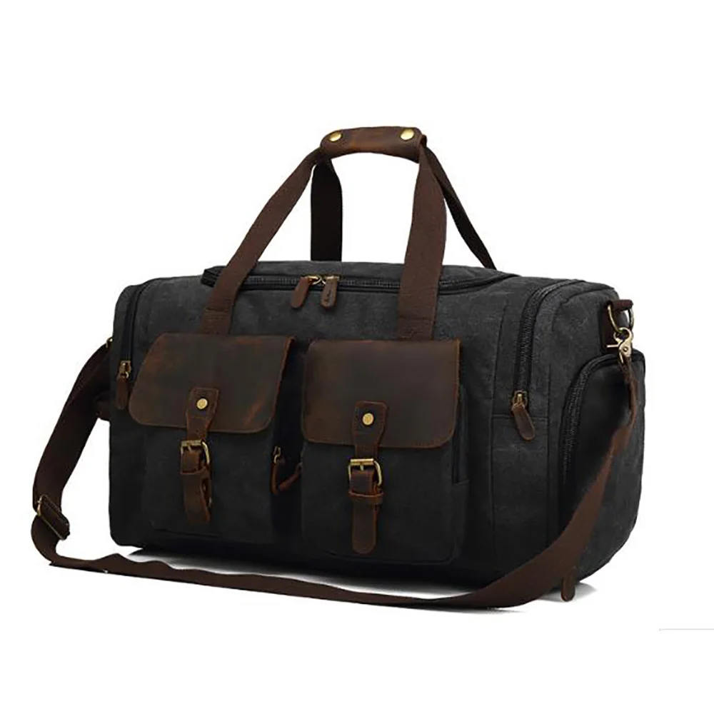 

19SC-8077M high capacity durable high quality canvas barrel and leather duffel bag holdall duffel bag, Black,customized logo