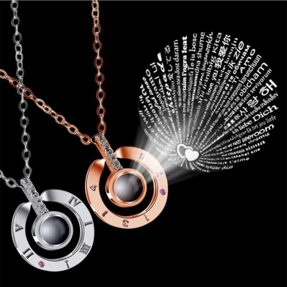 

Romantic Memory Rose Gold Letter Round Crystal Pendant Necklace 100 Languages Projection I Love You Necklace for Lover Couples