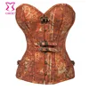 Corzzet Vintage Palace Brown Denim Overbust Steampunk Bodyshaper Gothic Steel Boning Firm Control Corset And Bustier With Button