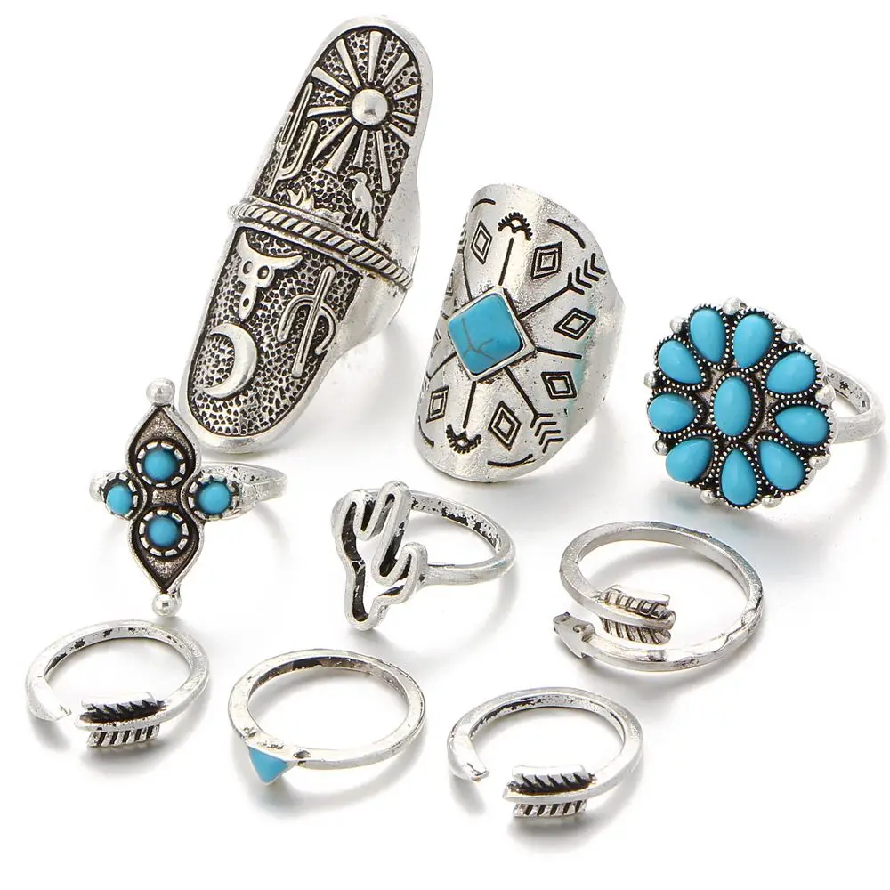 

Artilady Bohemia folk style nine piece tribal jewelry ring set ,turquoise gemstone jewelry Set