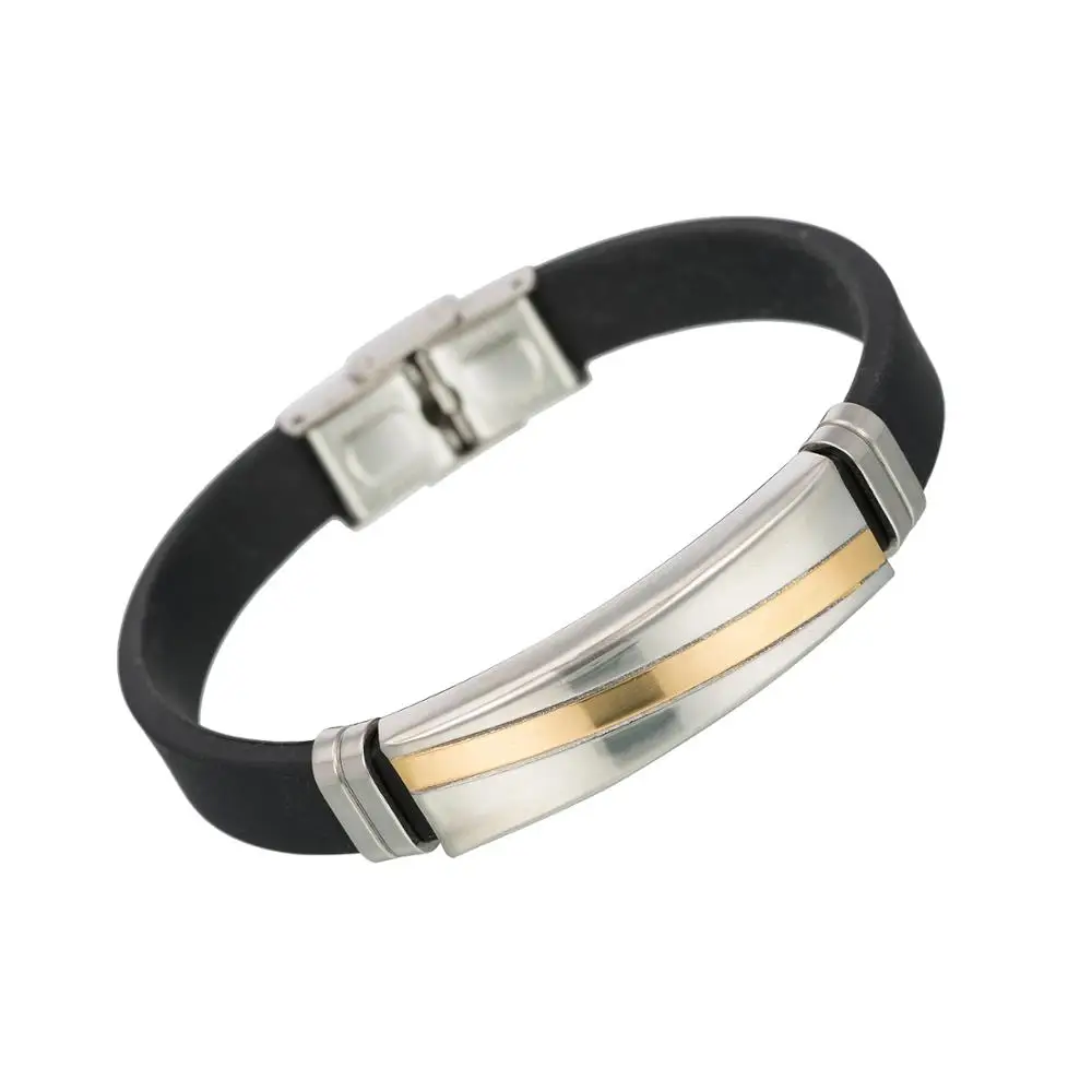 

Wholesale Price Silver and Gold Mix Plated Stainless Steel Bracelet With Black Silicon Bracelet for Men Fashion Jewelry