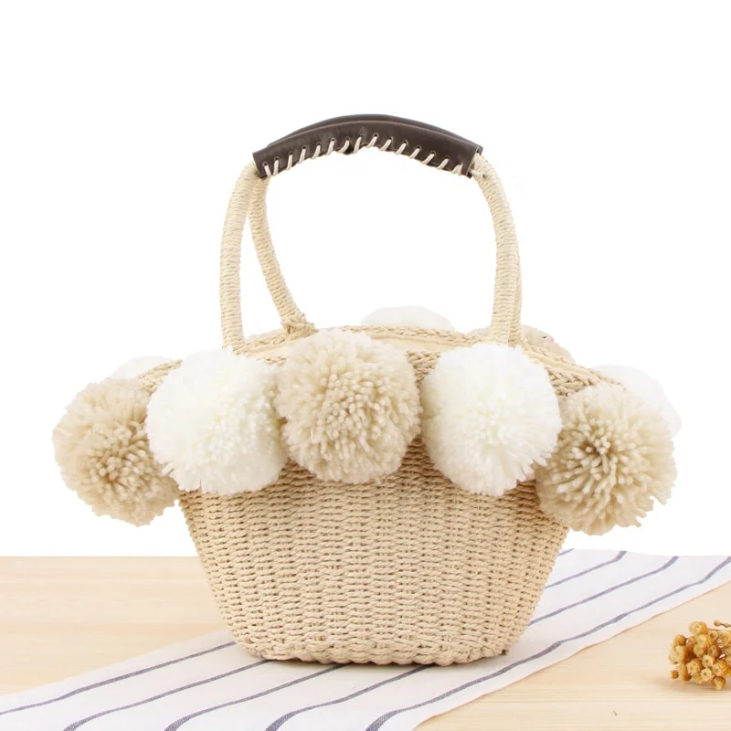

Cute Mini Paper Straw Beach Vacation Bucket Basket Bag with Pom Pom
