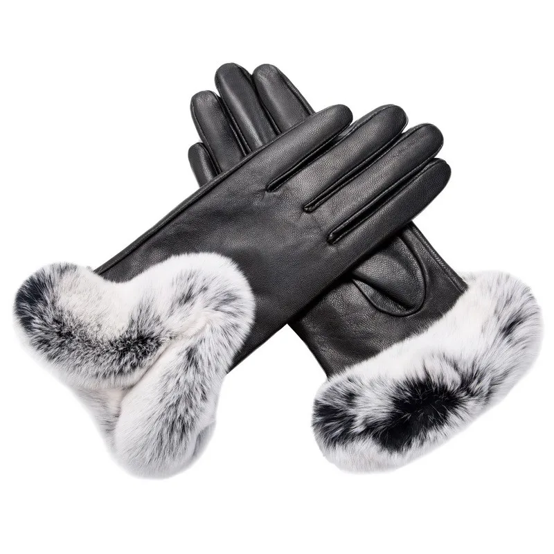 W1 Ladies Luxury Black Leather Gloves With Rex Rabbit Fur Cuff Fur For