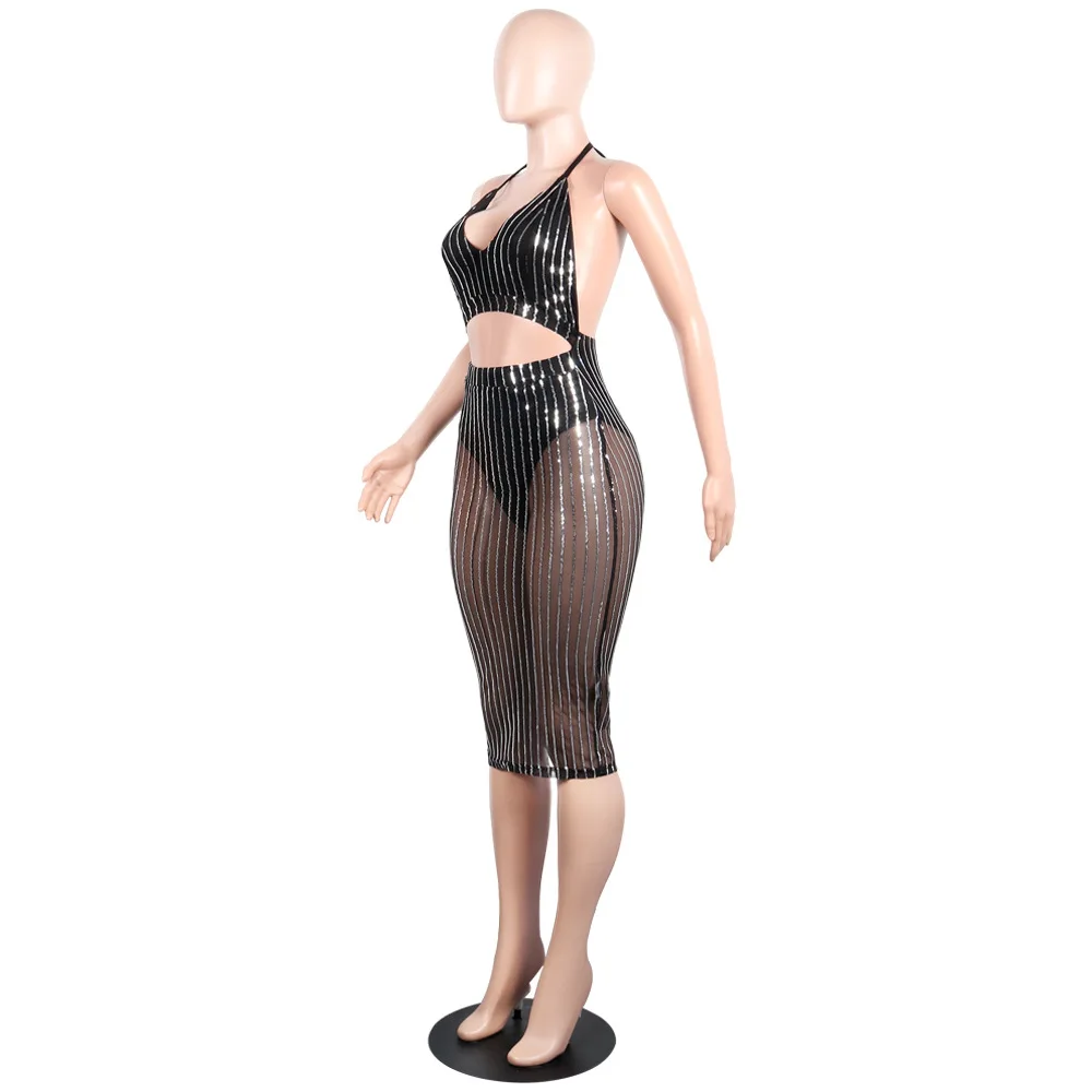 women fashion sexy halter backless mesh transparent sequins bandage club dress TYA7029