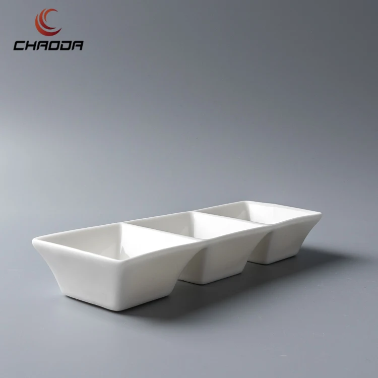8 Inch Rectangle Sauce Plate Three Grid Sauce Saucer Divided Ceramic Divided Small White