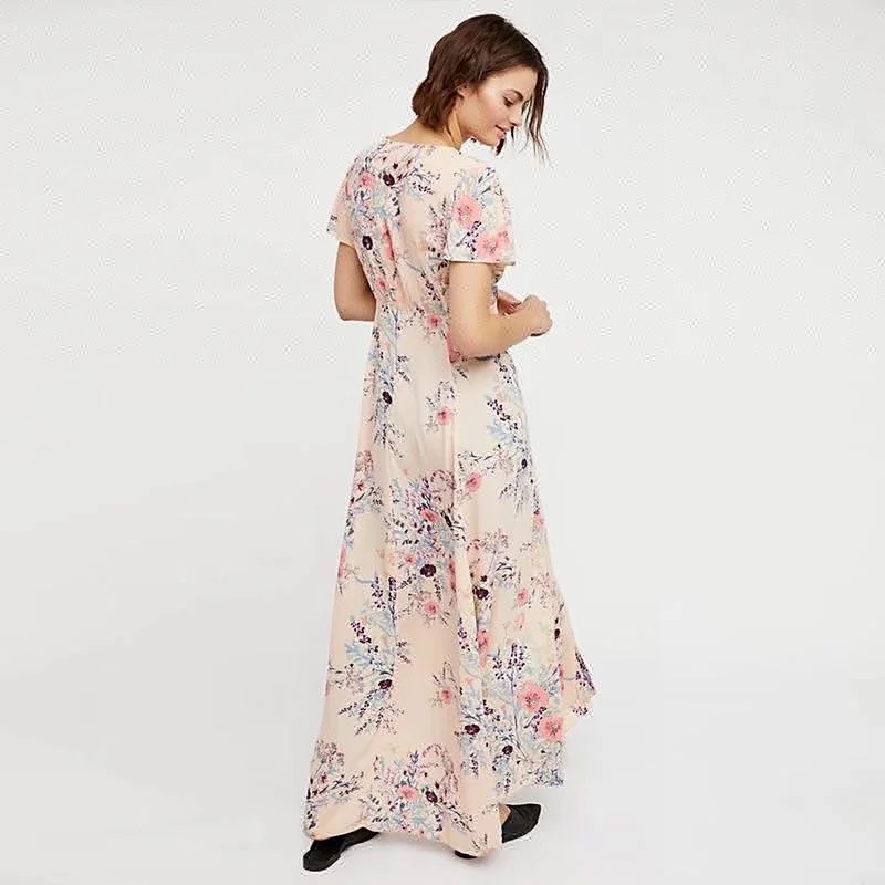 
Ebay Amazon Euramerican Sexy Deep V Neck Short Sleeve Floral Printed Pink Maxi BOHO Long Dress 