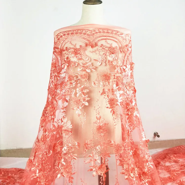 

100 polyester pink orange french embroidered net 3D flower lace fabric for wedding dresses, Customized