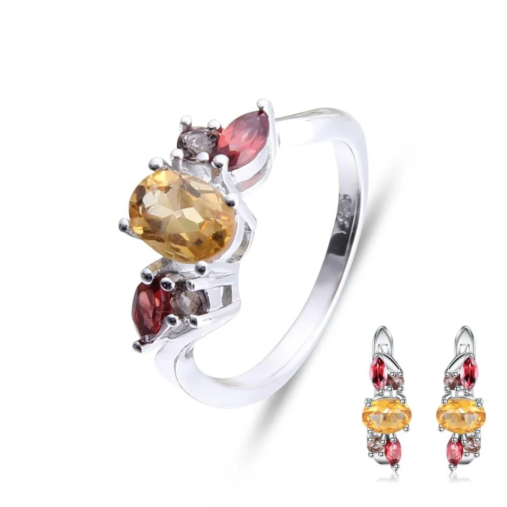 

Abiding Hot Sale Women Gemstone Ring Earrings Fashion 925 Silver Natural Citrine Stone Jewelry Set