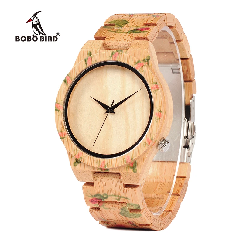 

BOBO BIRD Rose Print Women Maple Wood ladies Quartz Wrist watches bamboo
