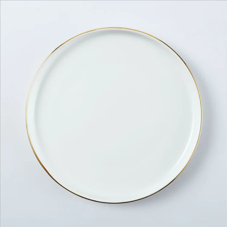 

wholesale white Glazed round shape porcelain flat ceramic dinner plate with gold rim