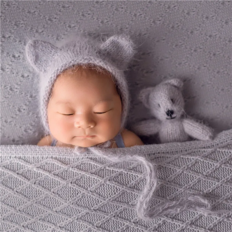

Teddy Bear toy and Bonnet Set Photography props Knitted Bear stuffed Crochet Mohair Animal hat set Newborn Photo props