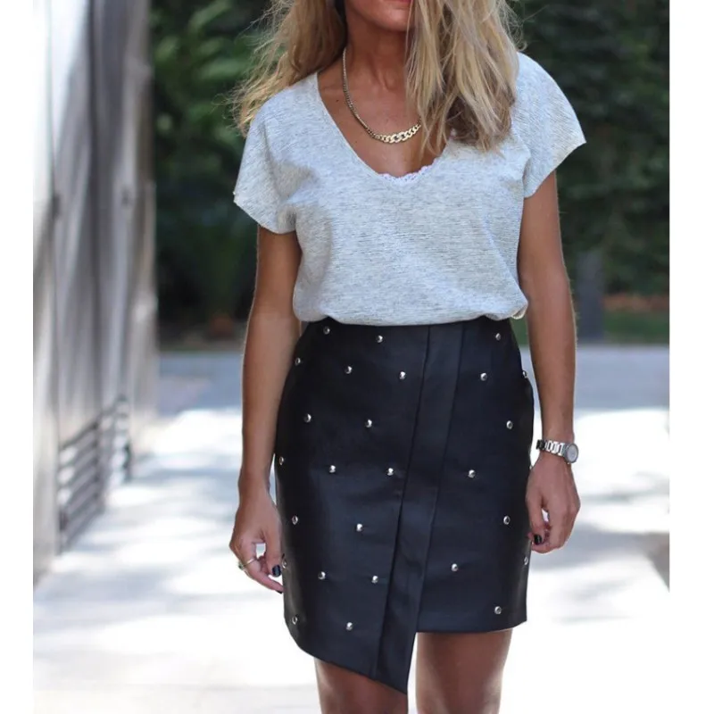 Split PU Black Short Skirts Women Beading Patchwork Bodycon Faux Leather Skirt Asymmetrical Mini Pencil Fashion Clothes E72314