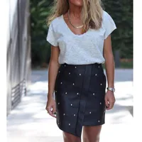 

Split PU Black Short Skirts Women Beading Patchwork Bodycon Faux Leather Skirt Asymmetrical Mini Pencil Fashion Clothes E72314