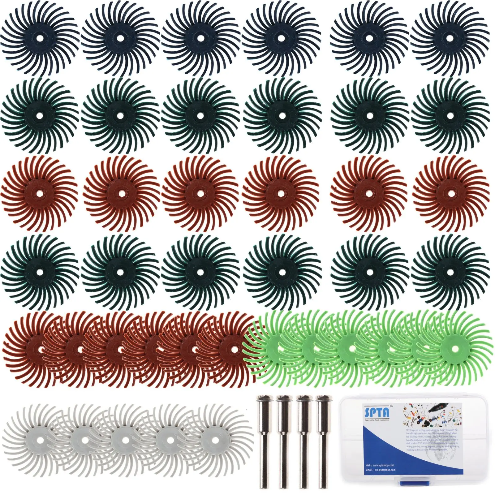 SPTA 1"(25mm) Dia Mix Grit Radial Bristle Disc & 10 Mandrels (EACH : 3/32" & 1/8" SHANK) Kit For Dremel Rotary Tools Pack Of 52Pcs