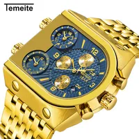 

TEMEITE Brand Men Wristwatch Quartz Stainless Steel Waterproof Man Watches Three Time Zone Big Dial Luxury Gold Watch