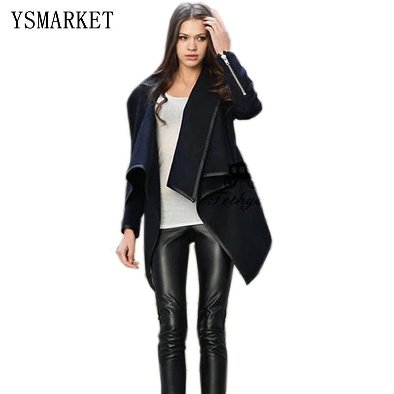 

S~3XL Fashion Women's Autumn Trench Coat Asymmetrical Draped Waterfall Collar Fitted Lapel Jacket