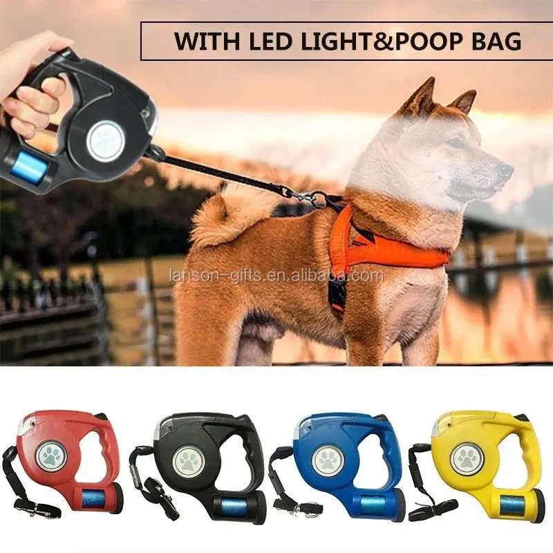 Led Light Flashlight And Bag Retractable Dog Leash With Waste Bag