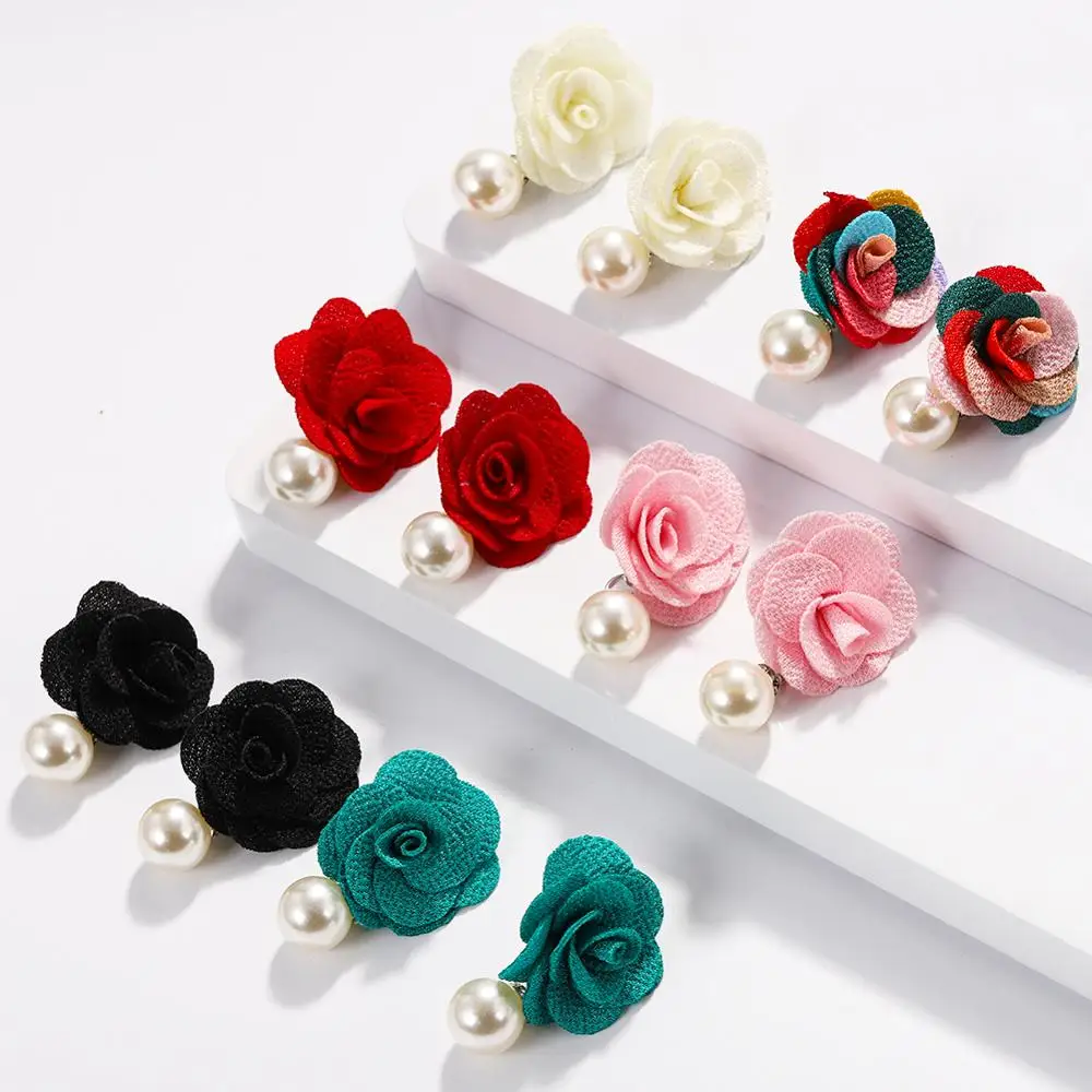 Barlaycs 2019 New Fashion Statement Korean Bohemian Cute Fabric Flower Small Pearl Stud Earrings for Women Ladies Jewelry