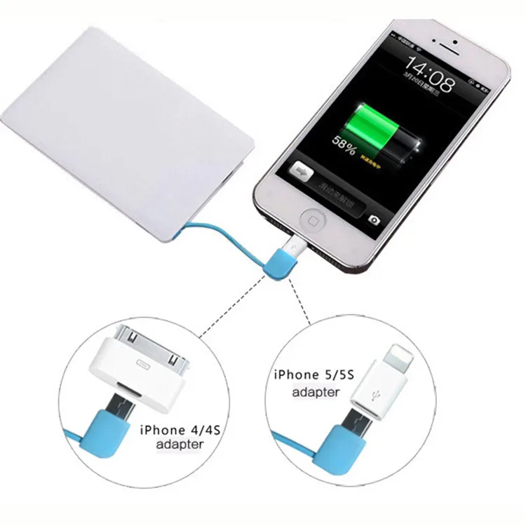 Как подключить пауэр банк к айфону Credit Card Small Size Power Bank 5000mah Built-in Cable Powerbank For Gifts - B