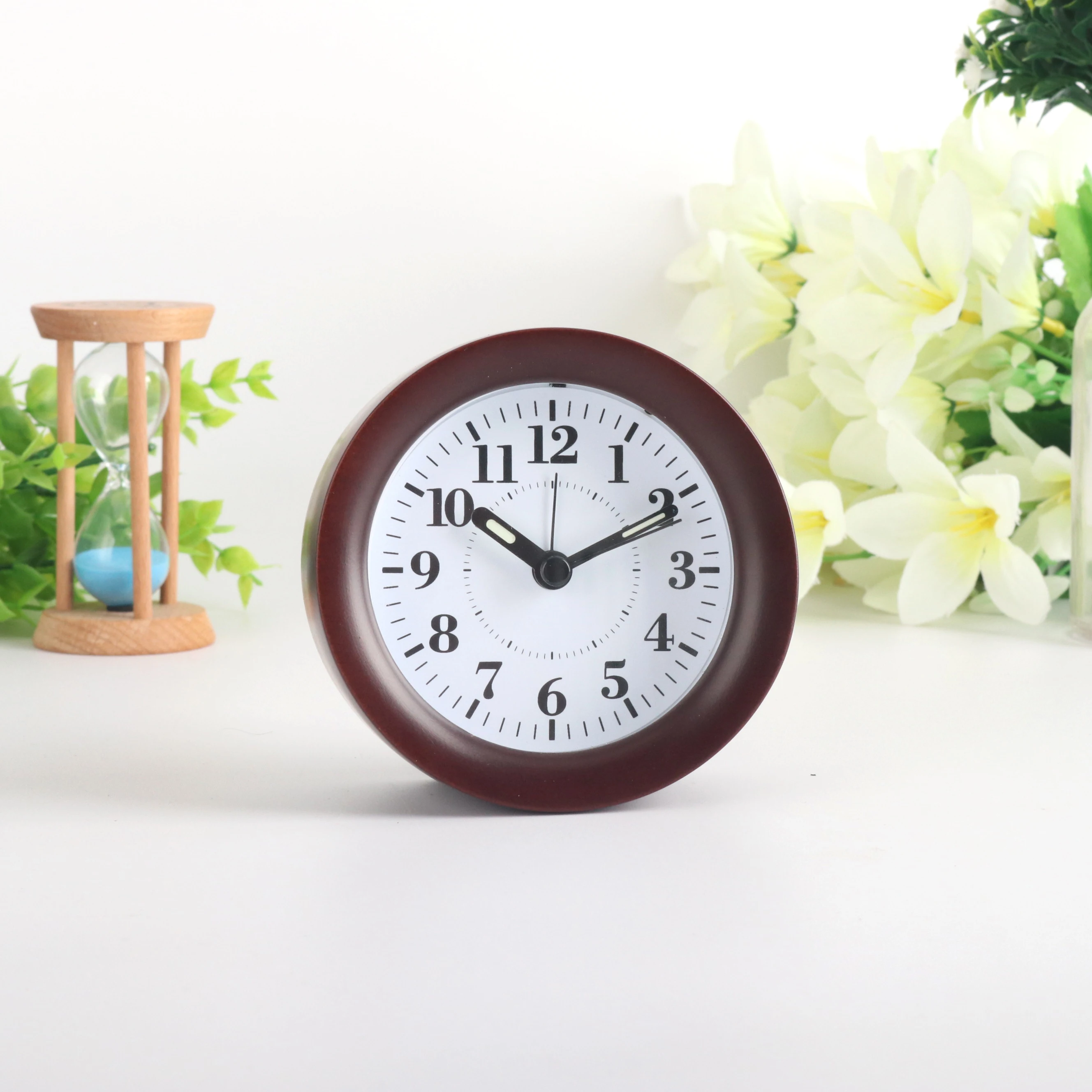 Small Round Analog Snooze Night Light Table Alarm Wooden Desk Clock
