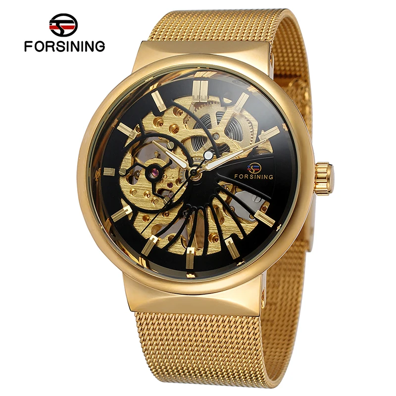 

Forsining Transparent Case 2018 Fashion 3D Logo Engraving Golden Stainless Steel Men Mechanical Watch Top Brand Luxury Skeleton