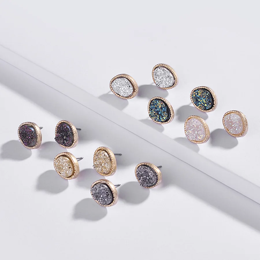 

Mini Round Natural Agate Druzy Stud Earrings Gemstones Galactic Post Stud Earring Crystal Druzy Round Geometric Stud Earring, Picture