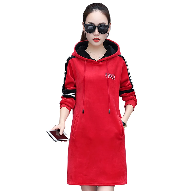 

ODM new fashion thickening long sleeve hoodies dresses fabric for track suit sportswear plus size two-side velvet front kangroo, Picture