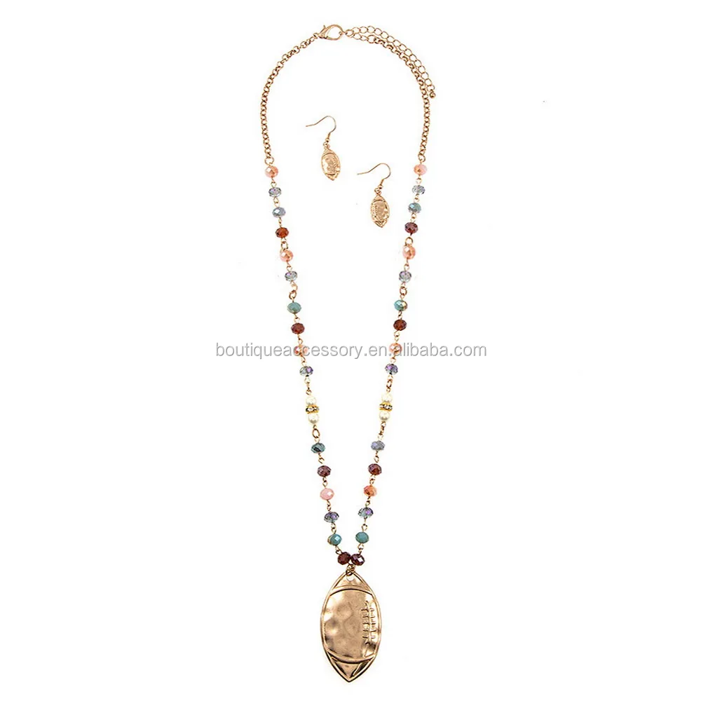 

FOOTBALL PENDANT GLASS BEAD LONG NECKLACE SET