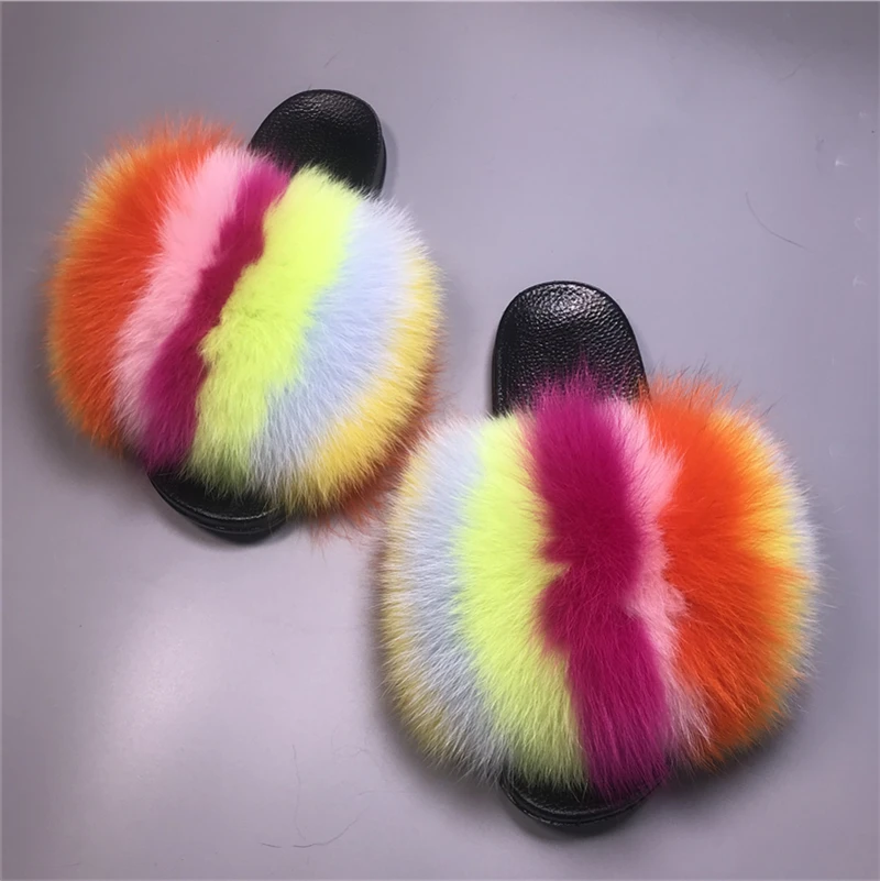 

Factory Wholesale Women High Quality In Stock Fur Sandals Fashion Beach Real Fox/Raccoon Fur Sliders, Customized color