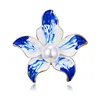 Women Metal Brooch Pin Oil Painted Blue Flower Brooch With Pearl