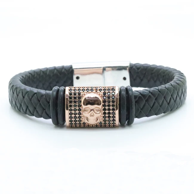 

Stars Forever Men Jewelry Stainless Steel Magnetic Clasp CZ Skull Charm Braided Genuine Leather Wrap Bracelet, N/a