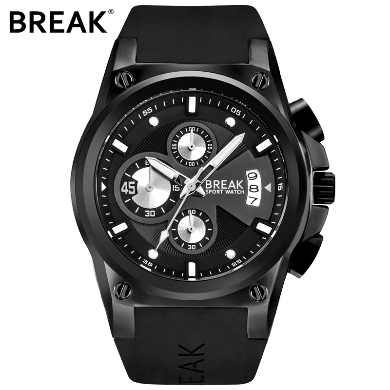 

Break Luxury Brand Men Fashion Wrist Watch Military Big Dial Chronograph Date Clock Sports 30m Waterproof Silicone Man Watch Hot