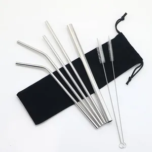Image of Factory Cheap Stainless Steel Straws custom 304 Straw set Reusable Bent Metal Drinking Straw with Cleaner Brush