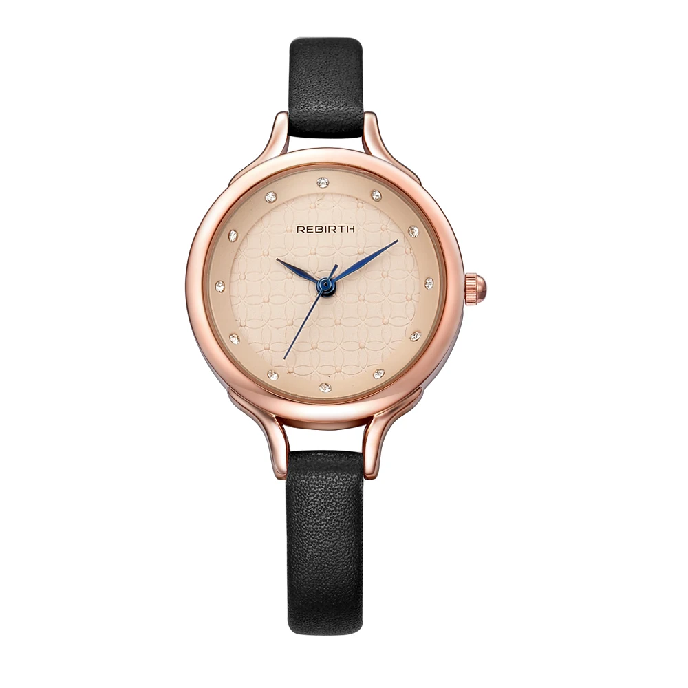 

REBIRTH RE067 Hot Stone Quartz Watch Women Rose Gold Case Thin Leather Strap Watches Blue Analog Watches Women, 4 colors for choice