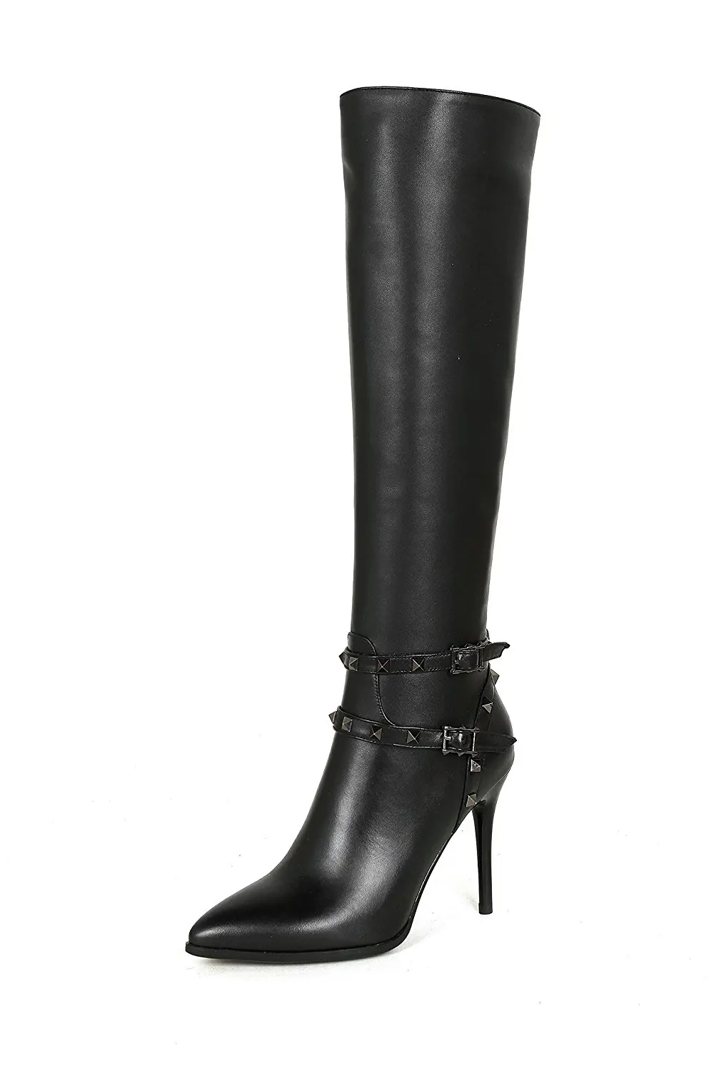 black leather stiletto knee high boots