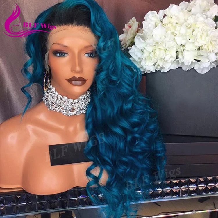 

1B Green Ombre Glueless Lace Front Wig, Beach Wave European Human Hair Wigs for Black Women