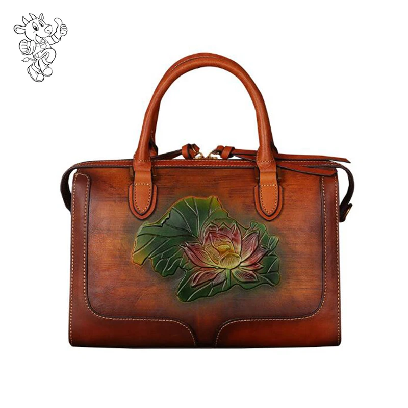 

Hot Sale Handmade Handbag Vintage Genuine Leather Handbags Retro Cow Leather Hand-printed Womens Bag 2019