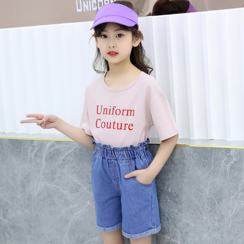 

Casual Kids High Waist Denim Trousers And T-shirt Set Children Clothing Summer Girls Clothes 2pcs Set