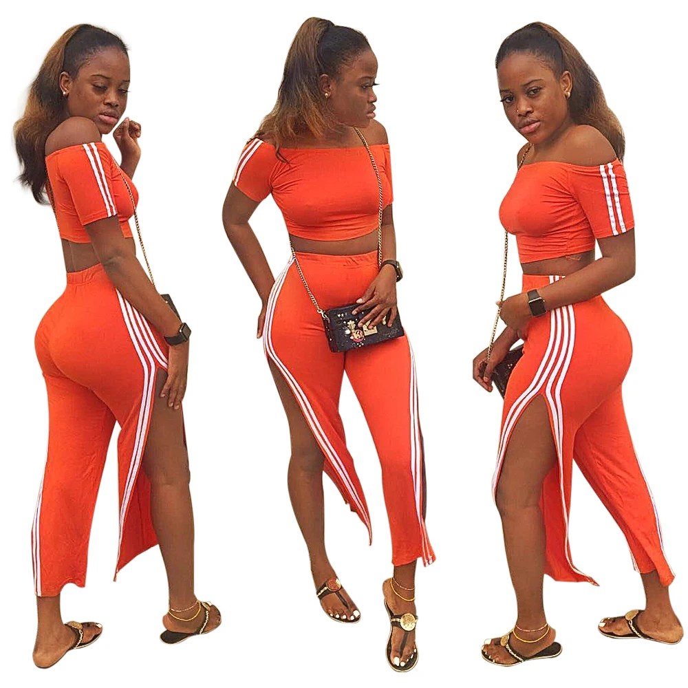 

2020 hot selling TA7020 women fashion casual orange crop top and slit pants two piece set