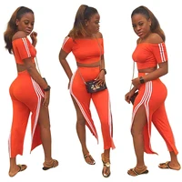 

2019 hot selling TA7020 women fashion casual orange crop top and slit pants two piece set