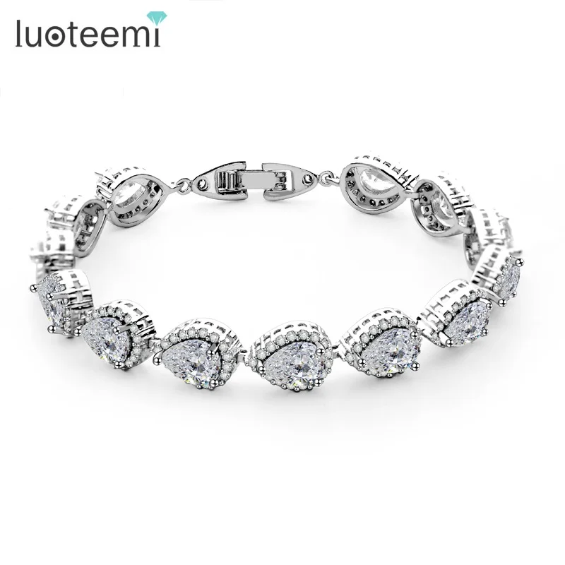 

LUOTEEMI Wholesale 2017 New Arrival Rhodium White Gold Plated Luxury Waterdrop Clear Cubic Zirconia Tennis Bridal Bracelet, N/a