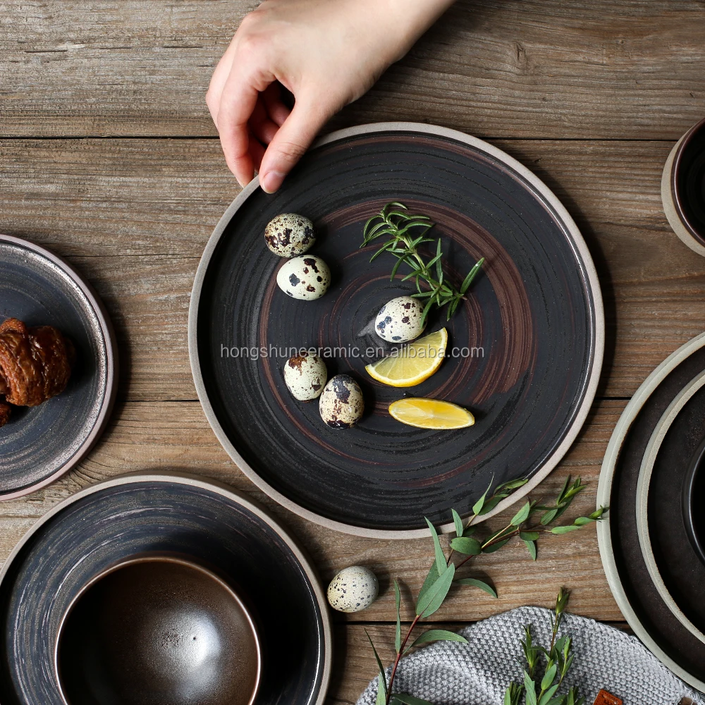 5-Piece Ceramic Brown Vintage dinner set, handmade stoneware dinnerware plates set, 