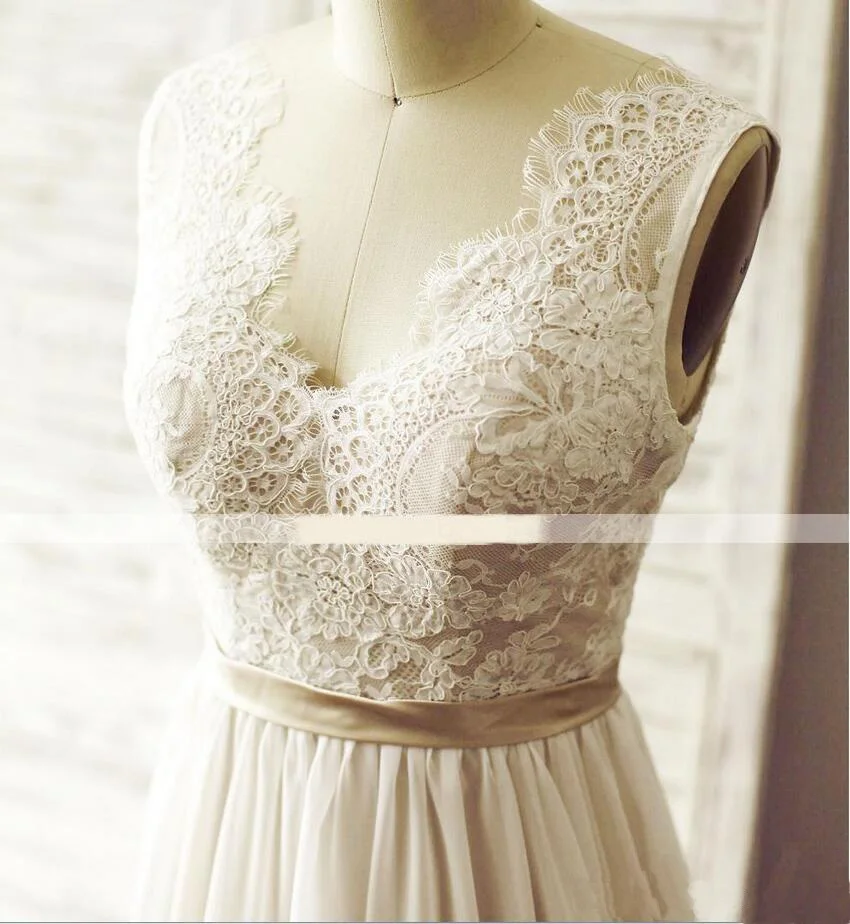 

New Style Simple Flowing Chiffon Bohemian Boho Beach Wedding Dresses, Ivory
