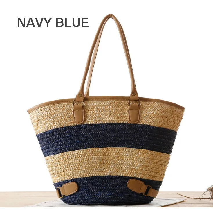 

Euro America Hot Sale Simple Striped Natural Straw Beach Tote Bag for Woman