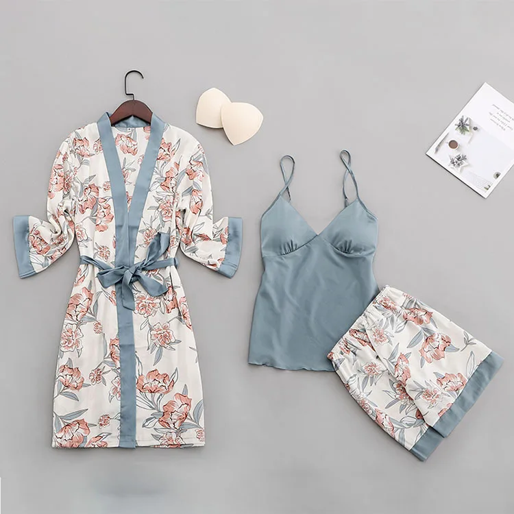 

Fashion Women Pajamas Pijamas Woman Verano Artificial Silk Robes Women Pyjama Set 3 Pieces, 3 colors