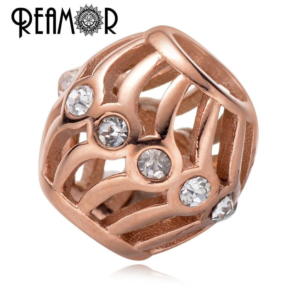 

REAMOR PVD Gold-color 316l Stainless Steel Crystal Hollow European Charm Beads For Pan Style Luxury Bracelet Jewelry Making