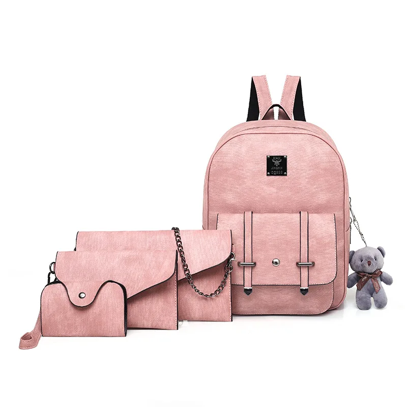 

4Pcs/set Casual Women Mother's Bags PU Leather Zipper Knapsack Student Teenager School Bag Ladies Women Shoulder Bag Backpack, Light gary, black, pink, coffee