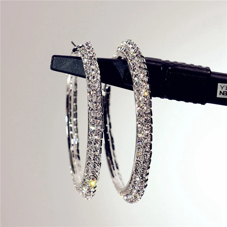 HQER-010 China Wholesale Bulk Women Earring 2 Rows Crystal Rhinestone Bridal Large Hoop Earrings Wedding Jewelry